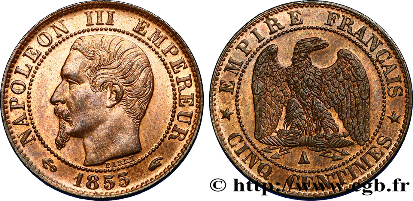 Cinq centimes Napoléon III, tête nue 1855 Paris F.116/17 AU58 