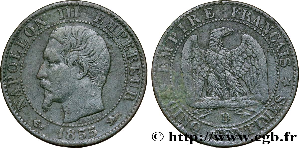 Cinq centimes Napoléon III, tête nue 1855 Lyon F.116/23 TB28 
