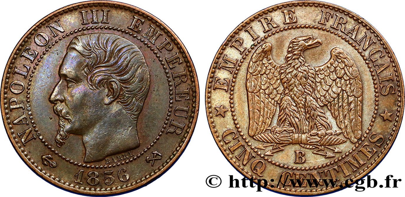 Cinq centimes Napoléon III, tête nue 1856 Rouen F.116/31 TTB52 