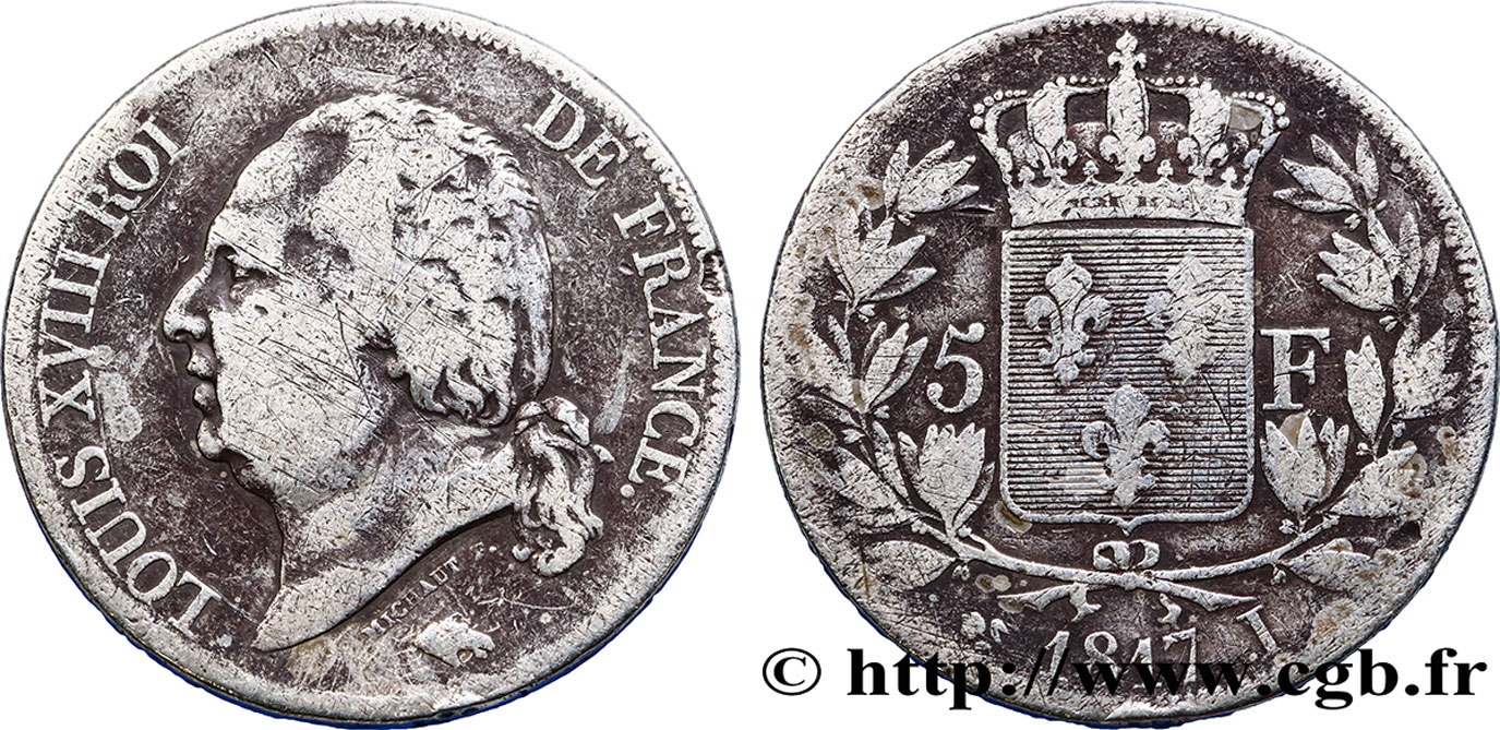 5 francs Louis XVIII, tête nue 1817 Bayonne F.309/22 VG10 