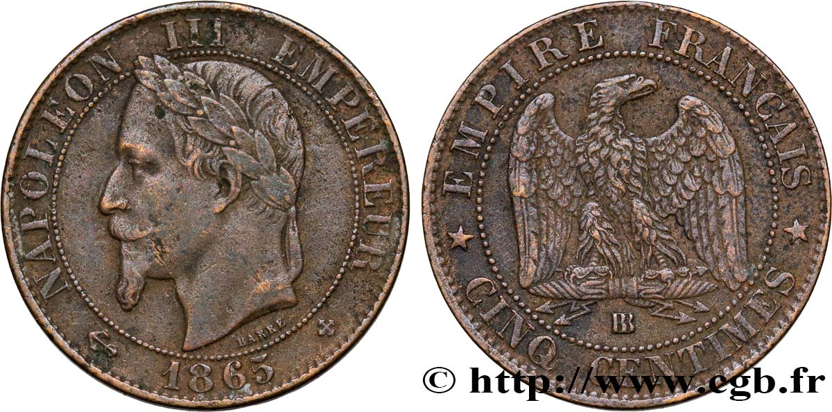 Cinq centimes Napoléon III, tête laurée 1863 Strasbourg F.117/11 VF35 