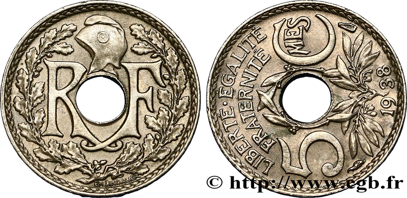 5 centimes Lindauer, petit module, désaxé à 3 heures 1938 Paris F.122/21 AU58 