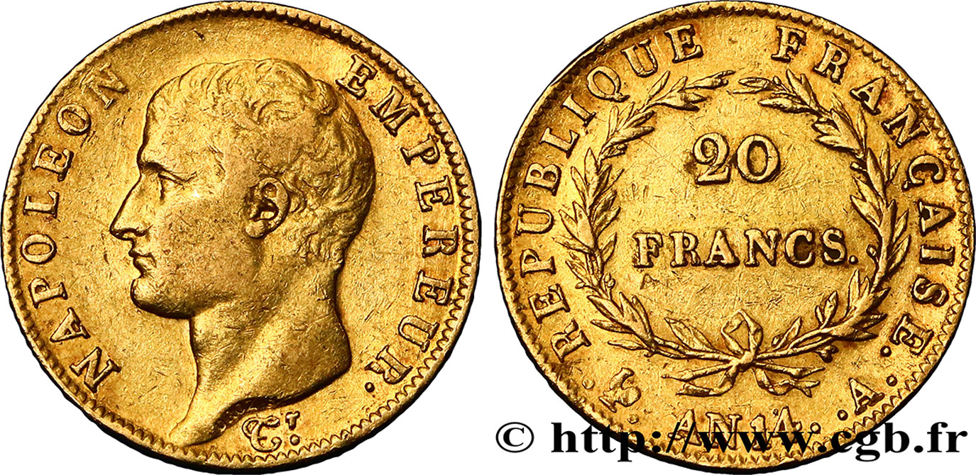 20 francs or Napoléon tête nue, Calendrier révolutionnaire 1805 Paris F.512/5 MBC48 
