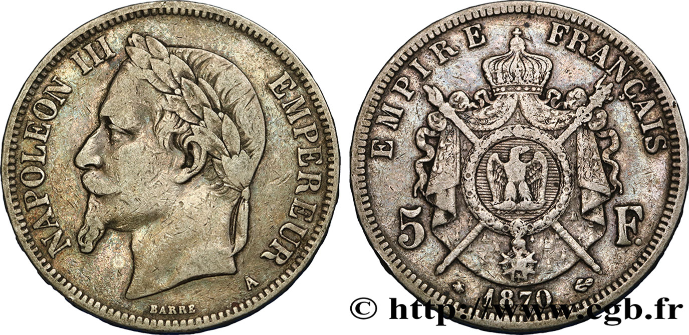5 francs Napoléon III, tête laurée 1870 Paris F.331/16 TB28 