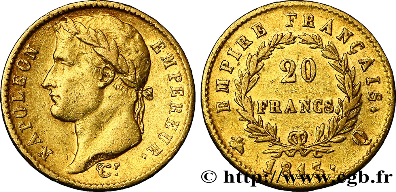 20 francs or Napoléon tête laurée, Empire français 1813 Perpignan F.516/34 BB48 