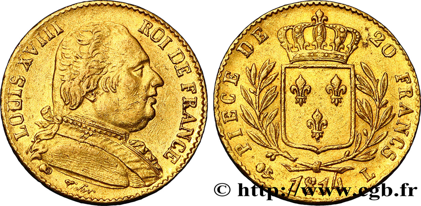 20 francs or Louis XVIII, buste habillé 1814 Bayonne F.517/5 XF48 