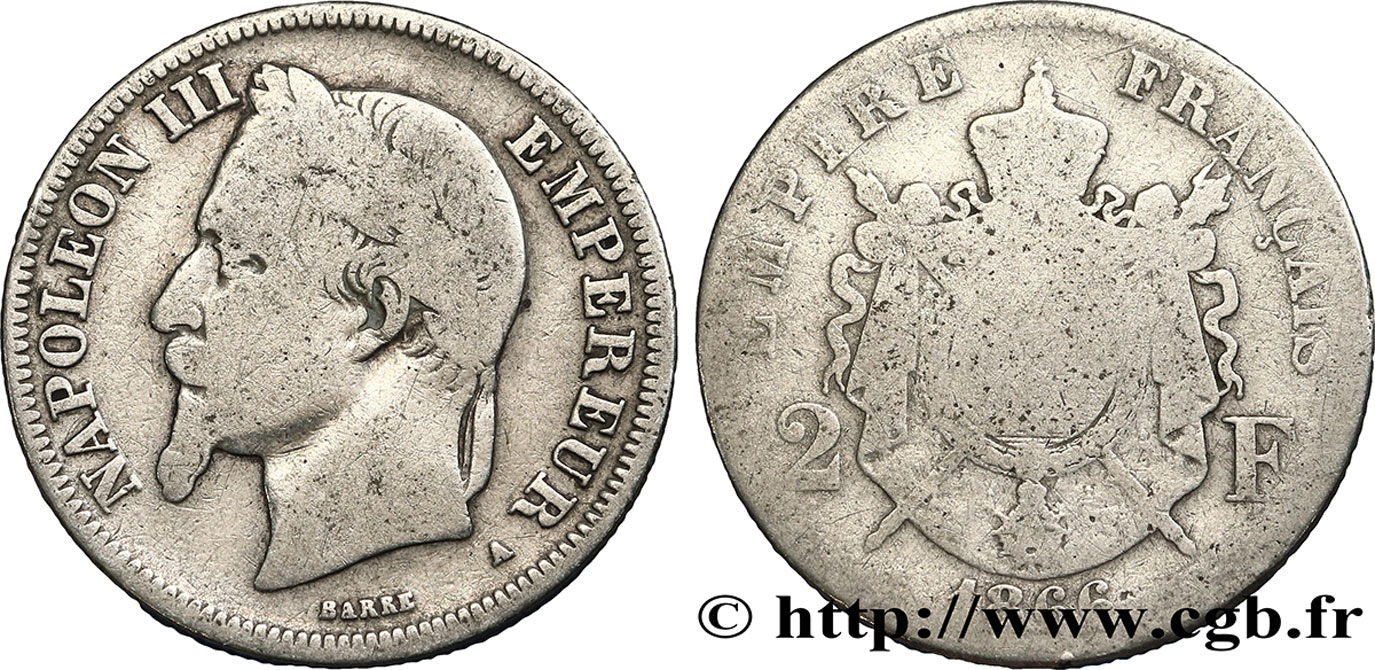 2 francs Napoléon III, tête laurée 1866 Paris F.263/2 B12 