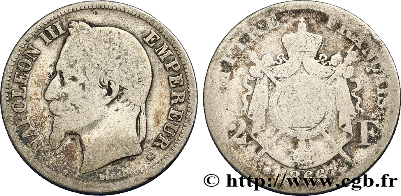 2 francs Napoléon III, tête laurée 1866 Strasbourg F.263/3 B8 
