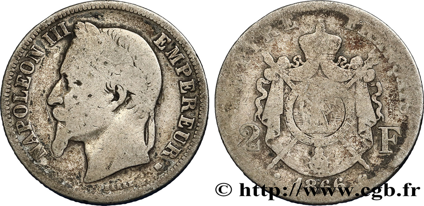 2 francs Napoléon III, tête laurée 1866 Strasbourg F.263/3 VG8 
