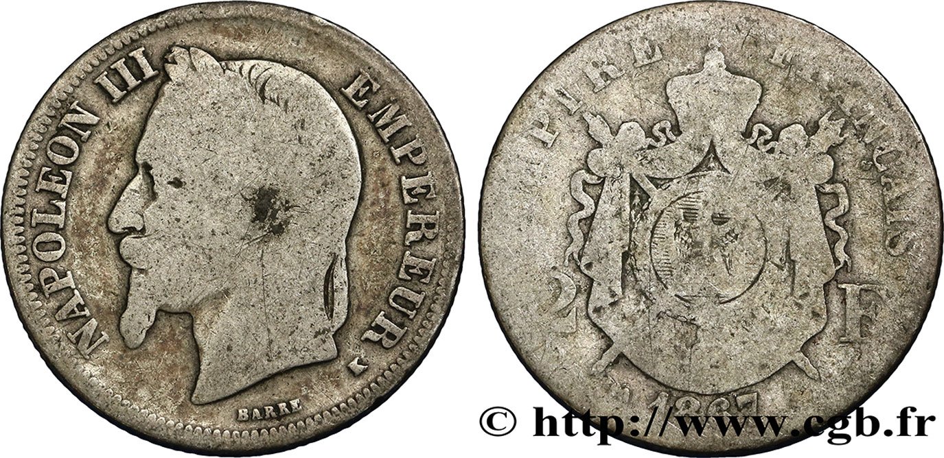 2 francs Napoléon III, tête laurée 1867 Bordeaux F.263/7 B6 