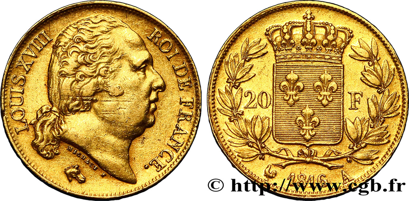 20 francs Louis XVIII, tête nue 1816 Paris F.519/1 BB48 
