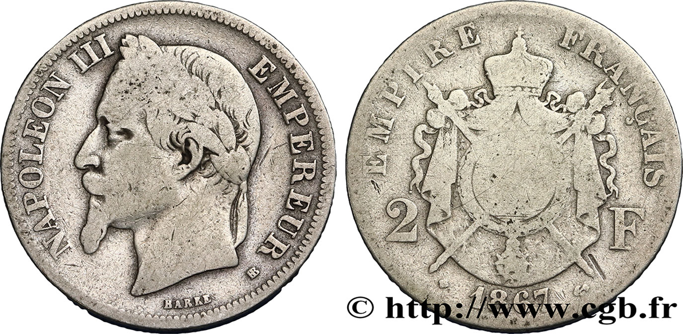 2 francs Napoléon III, tête laurée 1867 Strasbourg F.263/6 VG8 