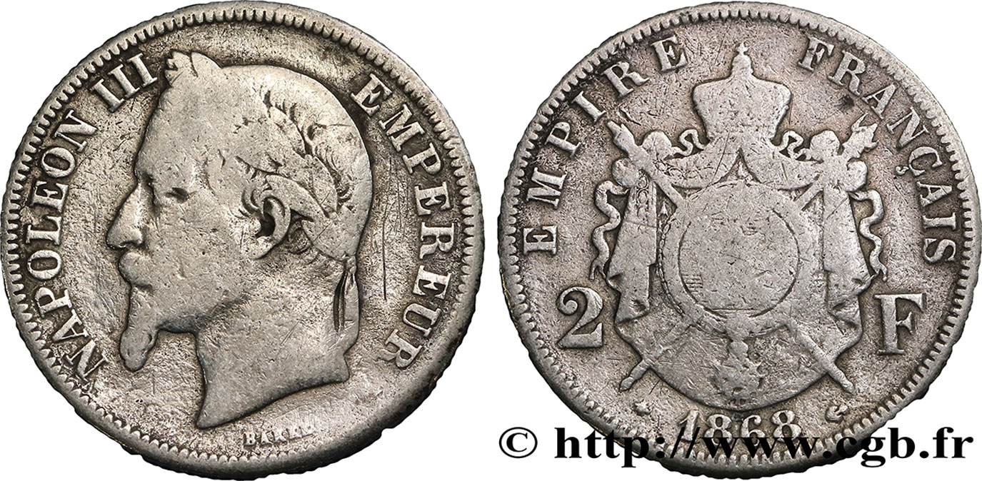 2 francs Napoléon III, tête laurée 1868 Paris F.263/8 B8 