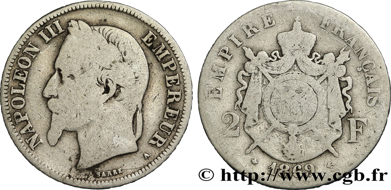 2 francs Napoléon III, tête laurée 1869 Paris F.263/10 B6 
