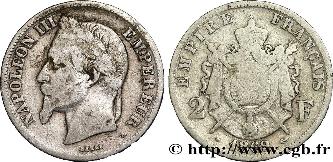 2 francs Napoléon III, tête laurée 1869 Paris F.263/10 VG8 