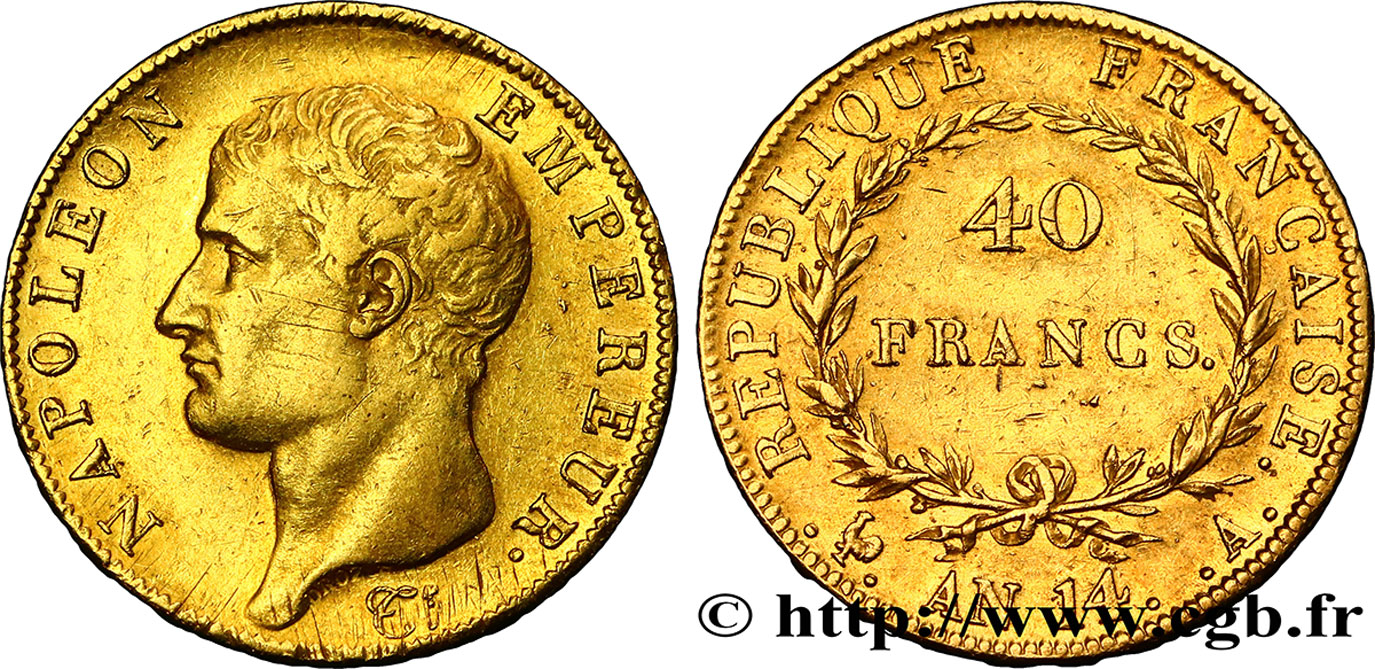 40 francs or Napoléon tête nue, Calendrier révolutionnaire 1805 Paris F.537/2 MBC48 