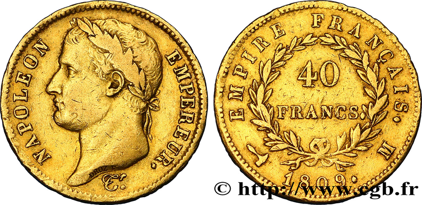 40 francs or Napoléon tête laurée, Empire français 1809 Toulouse F.541/2 BB40 