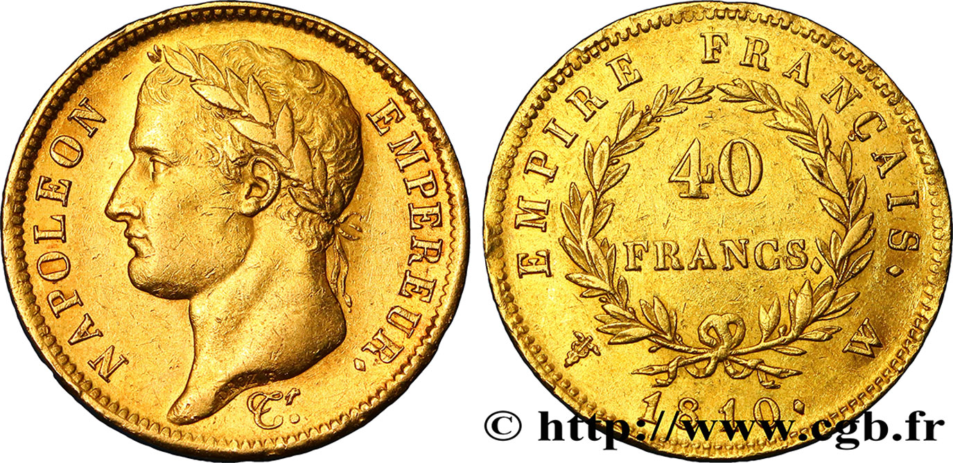 40 francs or Napoléon tête laurée, Empire français 1810 Lille F.541/5 AU52 