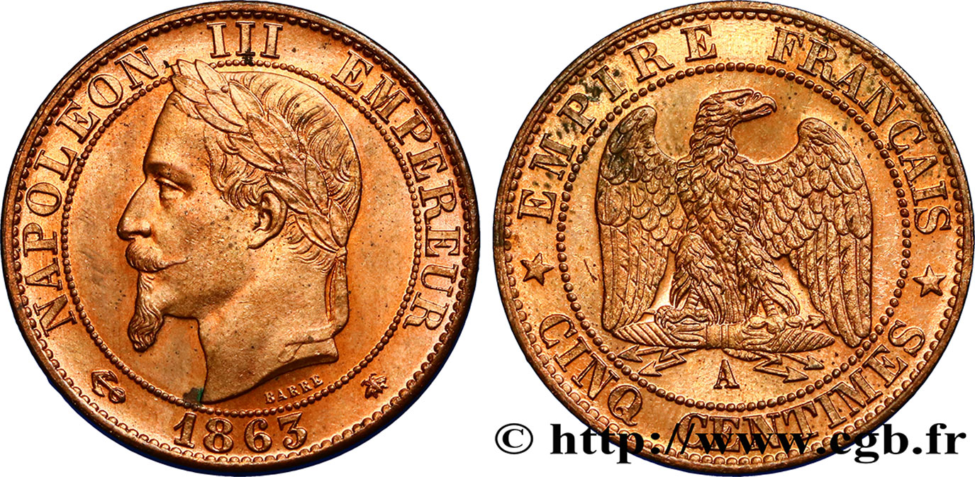 Cinq centimes Napoléon III, tête laurée 1863 Paris F.117/10 SUP62 