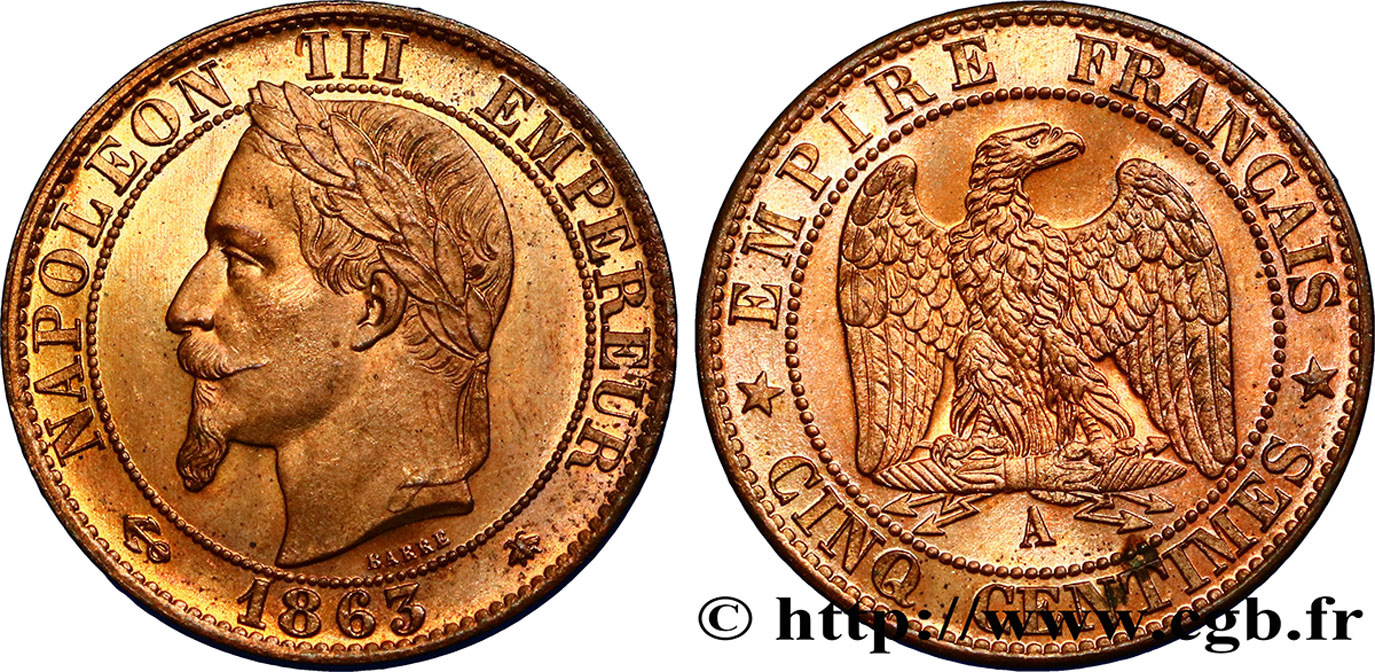 Cinq centimes Napoléon III, tête laurée 1863 Paris F.117/10 SPL63 
