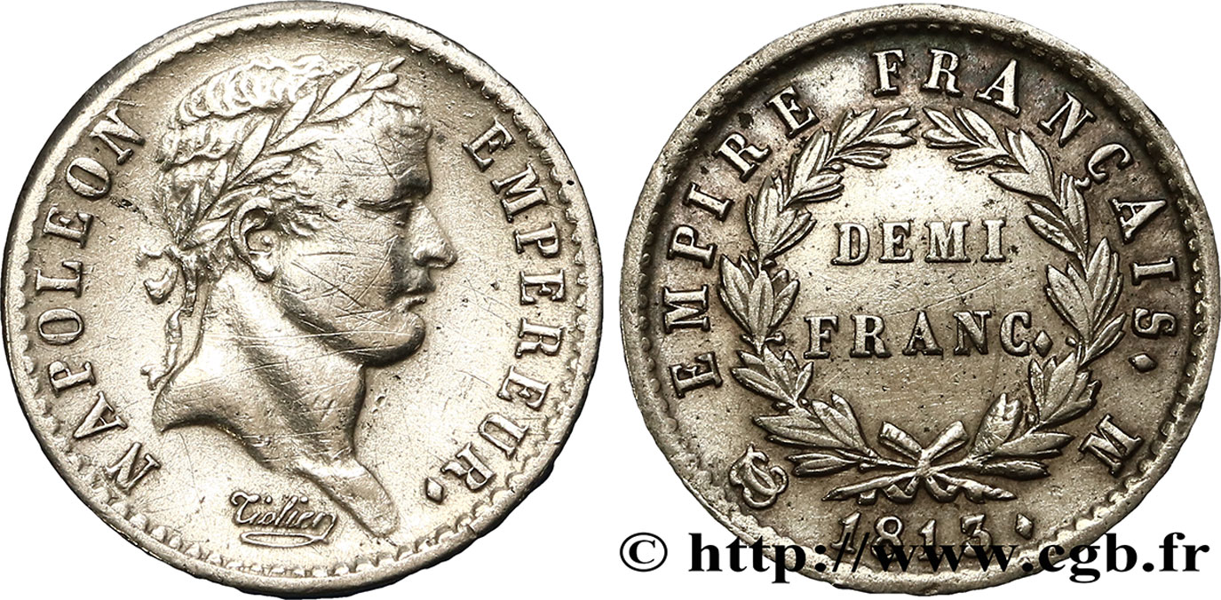 Demi-franc Napoléon Ier tête laurée, Empire français 1813 Toulouse F.178/57 TTB45 