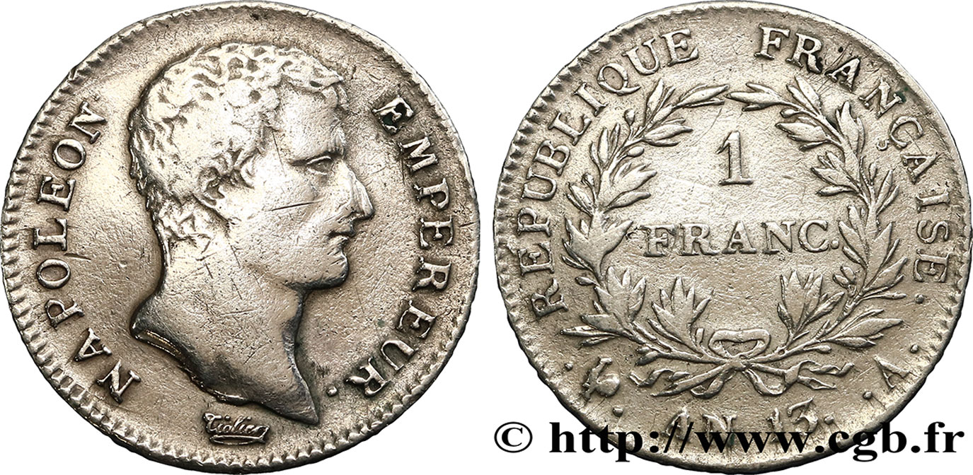 1 franc Napoléon Empereur, Calendrier révolutionnaire 1805 Paris F.201/14 TTB45 