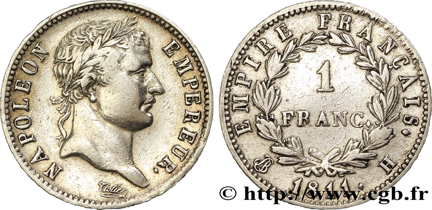 1 franc Napoléon Ier tête laurée, Empire français 1811 La Rochelle F.205/32 TB35 