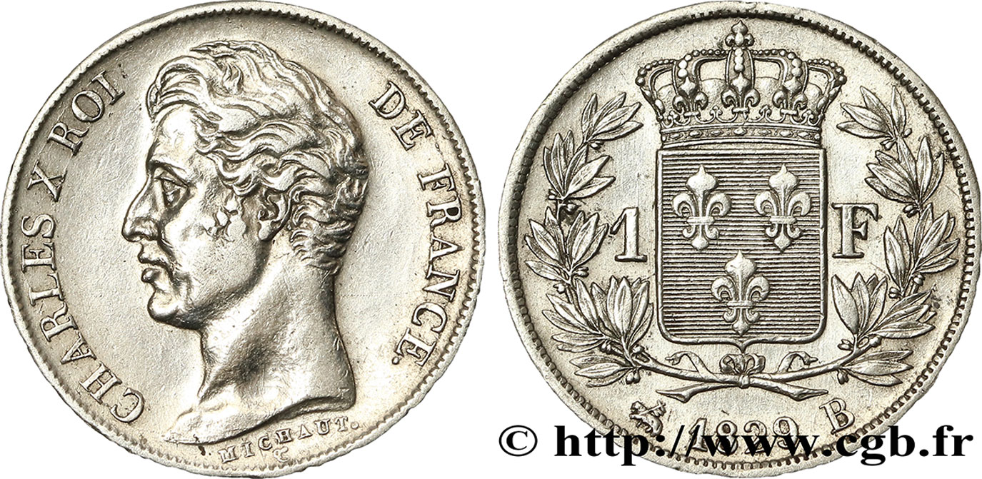 1 franc Charles X, matrice du revers à quatre feuilles 1829 Rouen F.207A/14 TTB48 