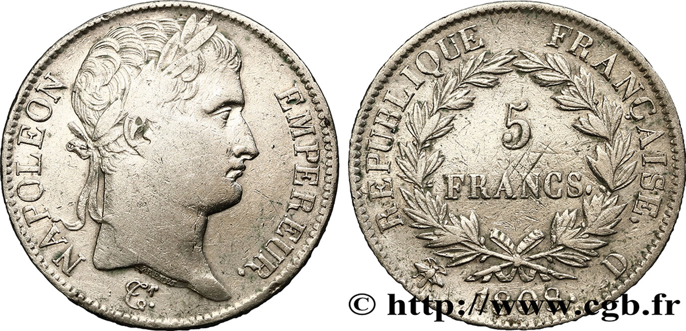 5 francs Napoléon Empereur, République française 1808 Lyon F.306/5 TB30 