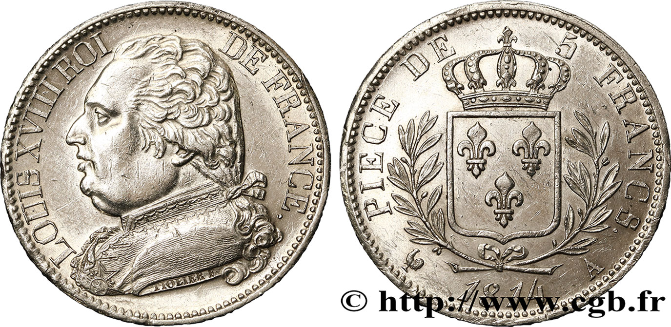 5 francs Louis XVIII, buste habillé 1814 Paris F.308/1 MS60 