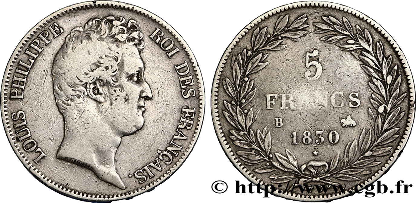 5 francs type Tiolier sans le I, tranche en creux 1830  Rouen F.313/2 MB30 