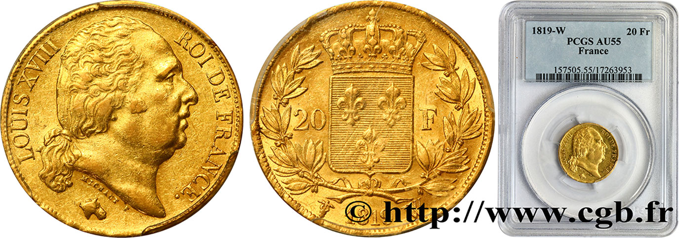 20 francs or Louis XVIII, tête nue 1819 Lille F.519/18 VZ55 PCGS