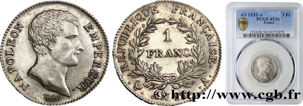 1 franc Napoléon Empereur, Calendrier révolutionnaire 1805 Paris F.201/13 AU50 PCGS