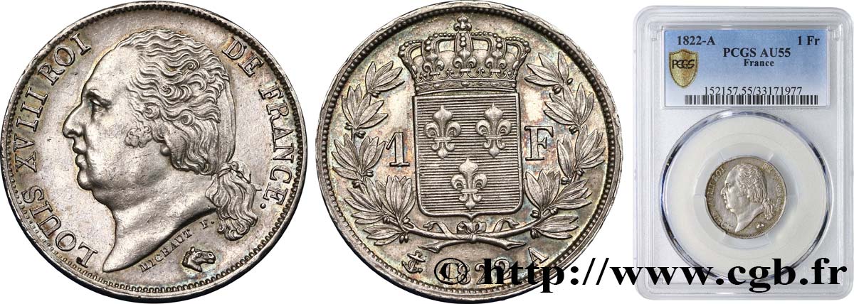 1 franc Louis XVIII 1822 Paris F.206/40 SUP55 PCGS