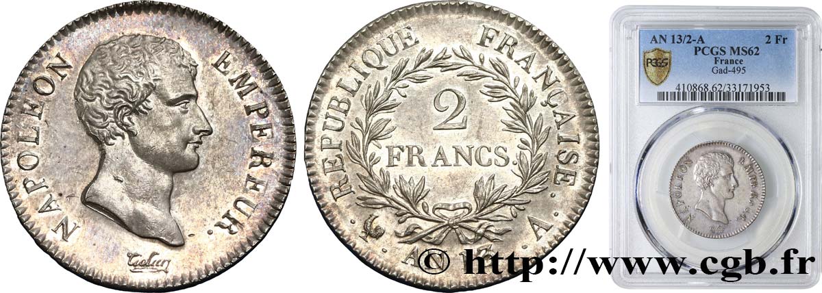 2 francs Napoléon Empereur, Calendrier révolutionnaire 1805 Paris F.251/11 MS62 PCGS