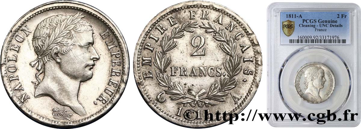 2 francs Napoléon Ier tête laurée, Empire français 1811 Paris F.255/24 fST PCGS