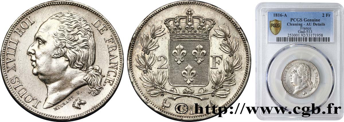 2 francs Louis XVIII 1816 Paris F.257/1 EBC58 PCGS