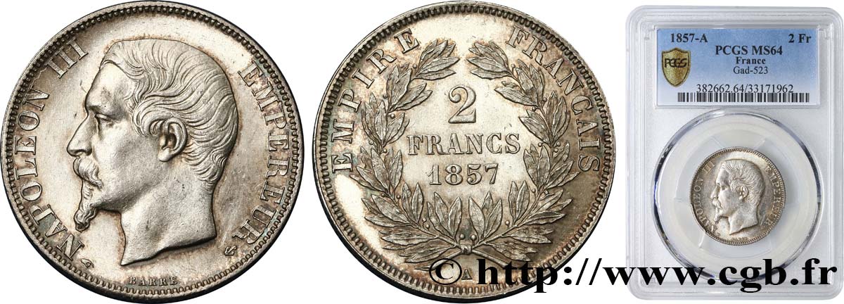 2 francs Napoléon III, tête nue 1857 Paris F.262/9 MS64 PCGS