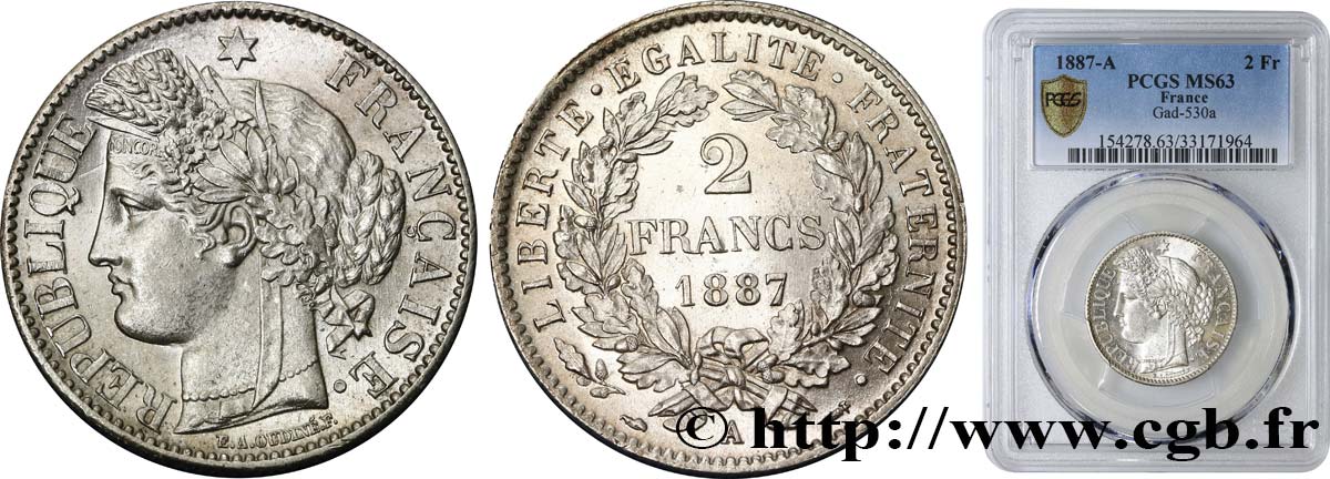 2 francs Cérès, avec légende 1887 Paris F.265/13 SC63 PCGS