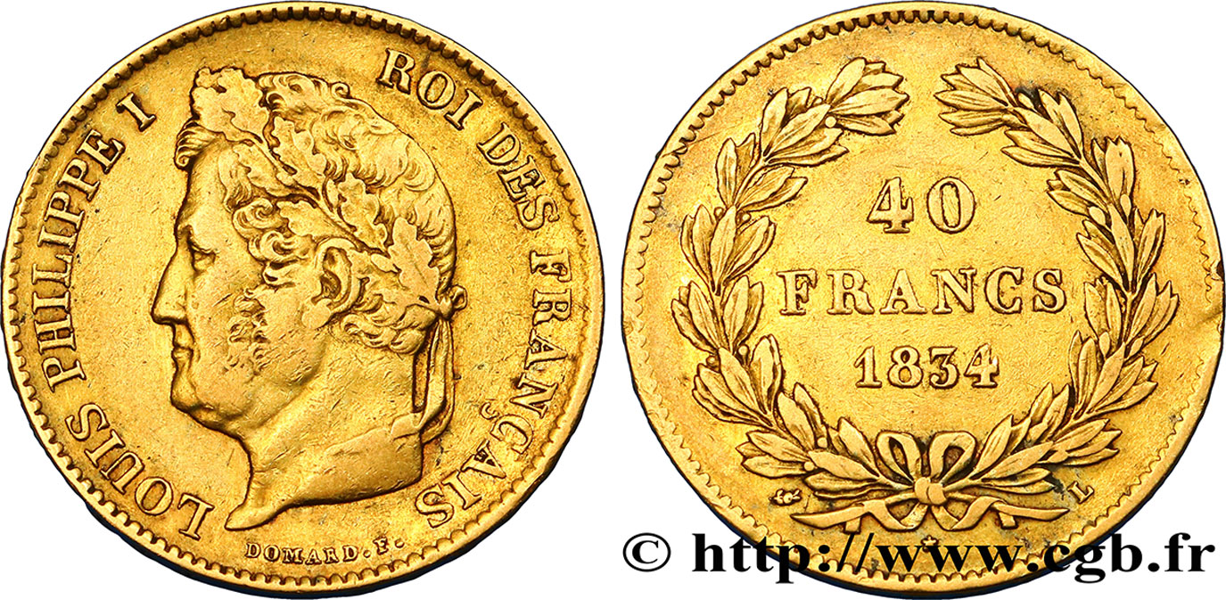 40 francs or Louis-Philippe 1834 Bayonne F.546/7 MBC40 