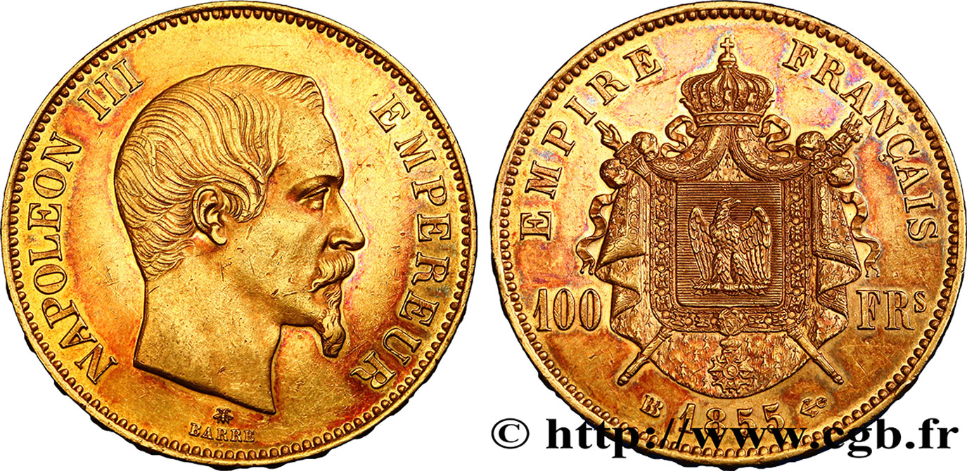 100 francs or Napoléon III, tête nue 1855 Strasbourg F.550/2 XF48 