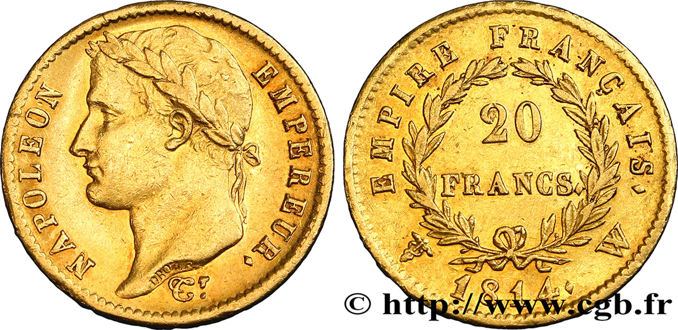 20 francs or Napoléon tête laurée, Empire français 1814 Lille F.516/42 BB48 