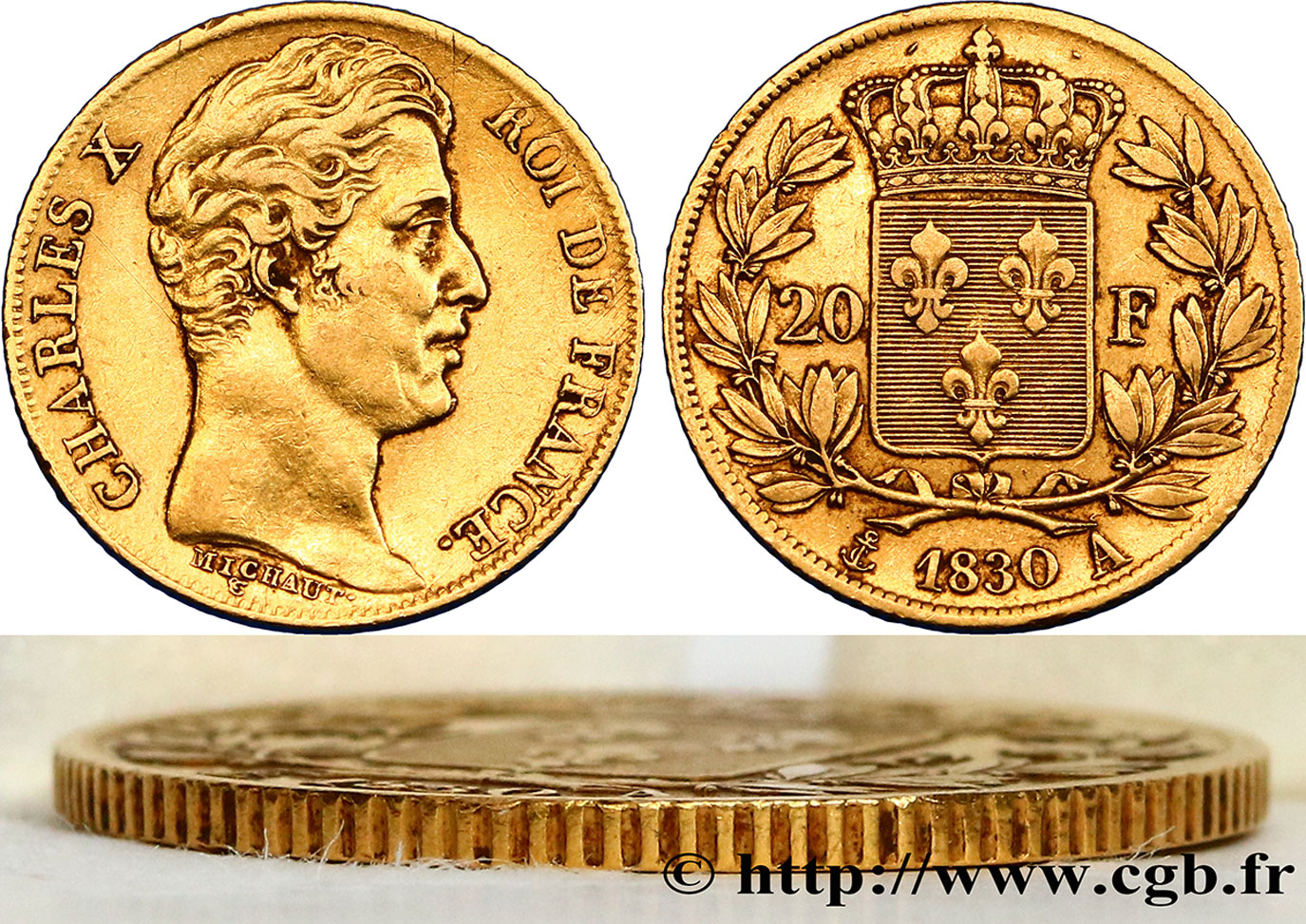 20 francs or, tranche cannelée 1830 Paris F.522/1 XF42 