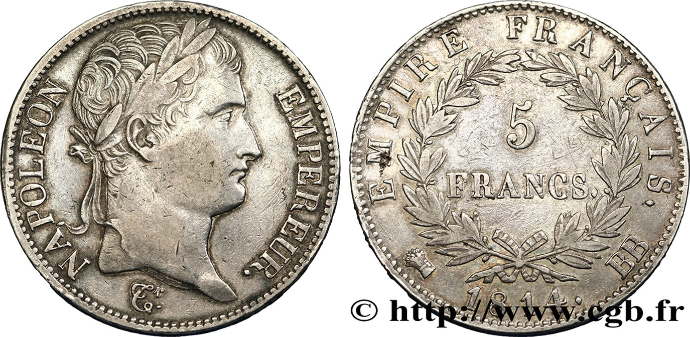 5 francs Napoléon Empereur, Empire français 1814 Strasbourg F.307/78 MBC48 