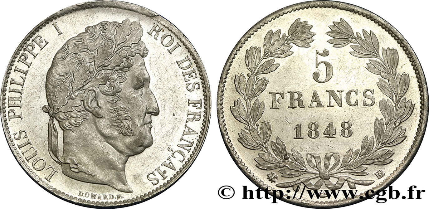 5 francs IIIe type Domard 1848 Strasbourg F.325/18 AU58 