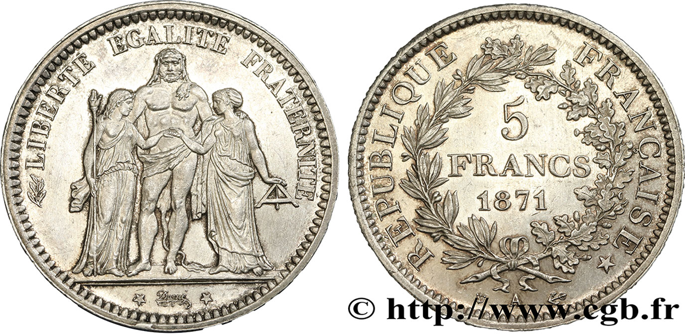5 francs Hercule, dite “Camélinat” 1871 Paris F.334/3 MS60 