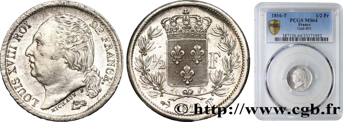 1/2 franc Louis XVIII 1816 Nantes F.179/7 MS64 PCGS