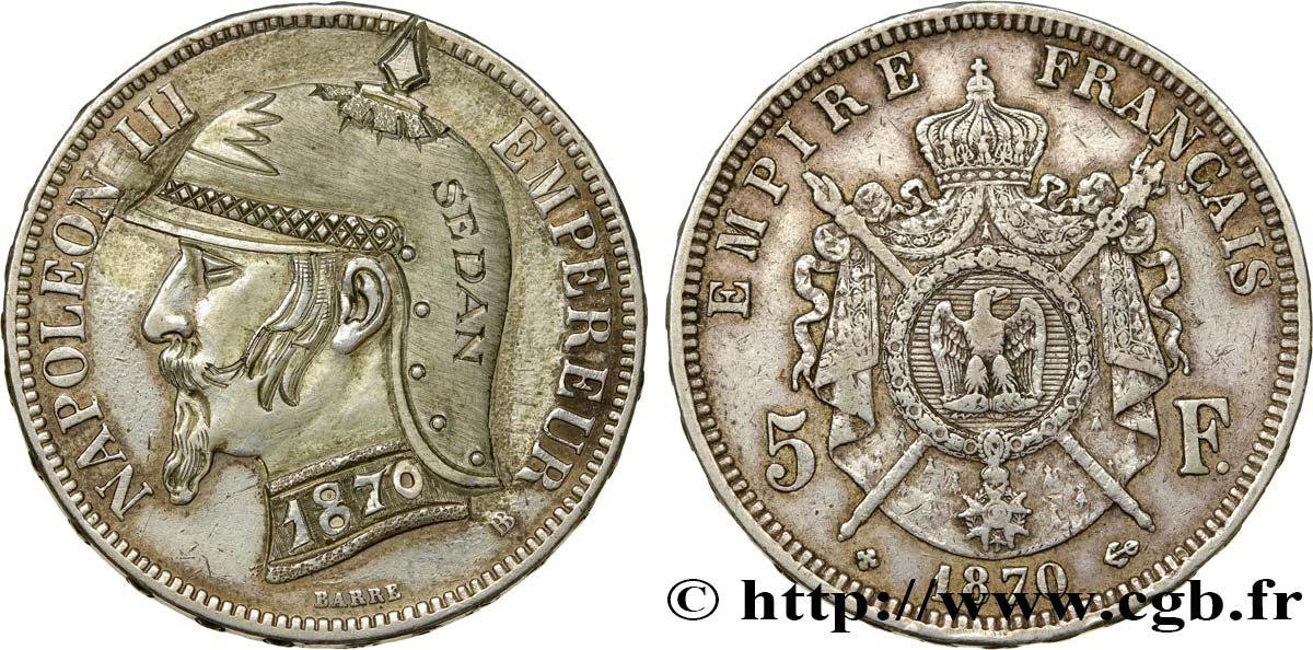 Monnaie satirique, 5 francs Napoléon III tête laurée, regravée 1870 Strasbourg F.331/17 var. VZ 