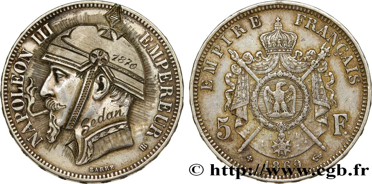 Monnaie satirique, 5 francs Napoléon III tête laurée, regravée 1869 Strasbourg F.331/15 var. AU/XF 