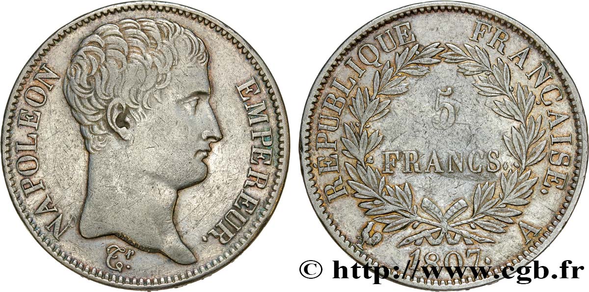 5 francs Napoléon empereur, type transitoire 1807 Paris F.305/1 TTB42 